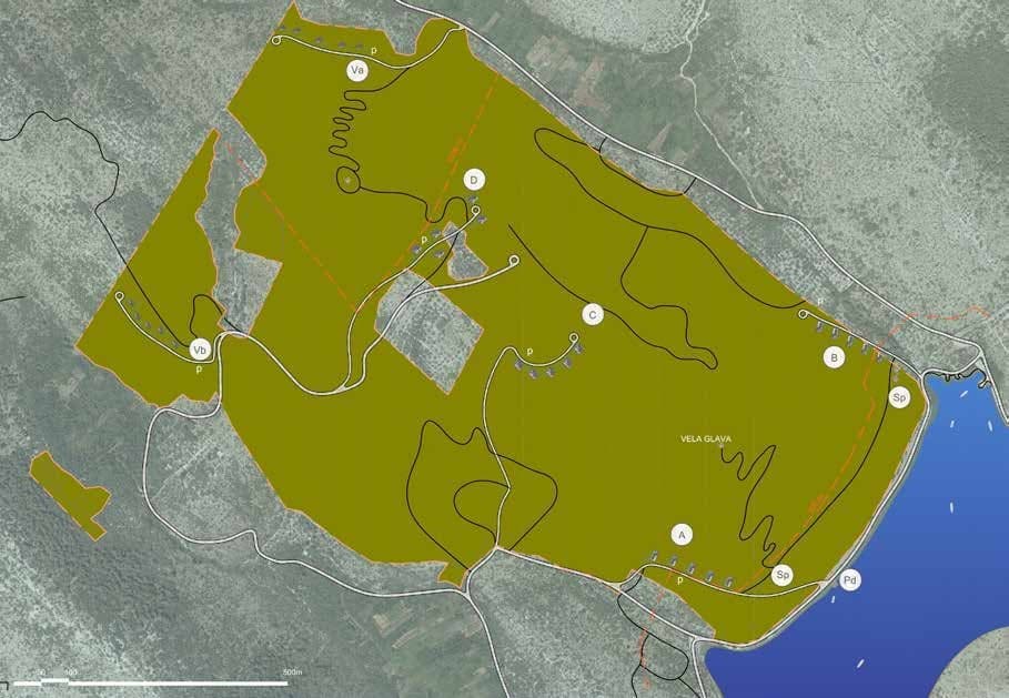 Site plan of the Lorini Estate, its access roads, trails, and shoreline within Telašćica Nature Park.