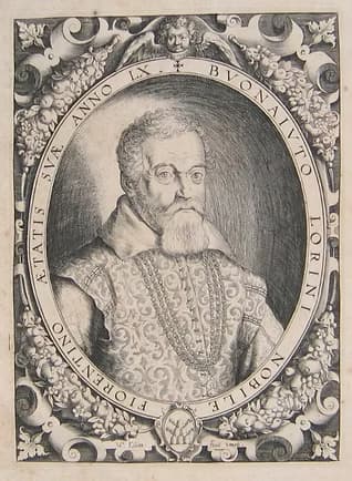 Period copper engraving of Buonaiuto Lorini, Florentine nobleman and Renaissance architect, 1540-1611.