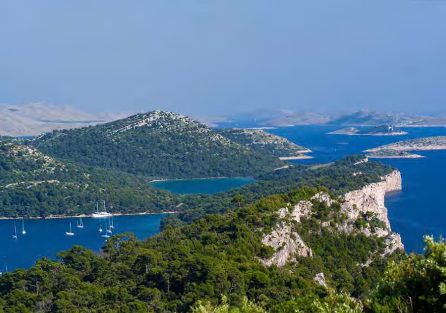 Telašćica's protected anchorage and white cliffs, seen from the estate's high ground.